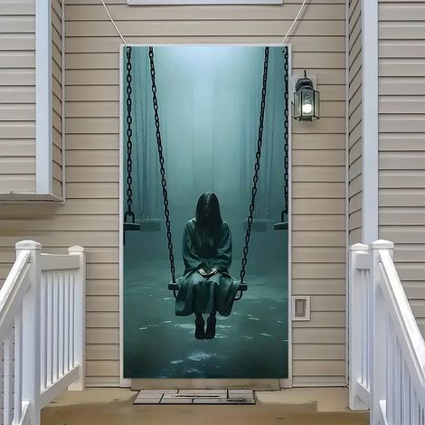 Rideau de porte de salle de bain sur le thème d'Halloween, motif Faucheuse, bannière décorative tête de mort effrayante - 90 x 180 cm (perforé + ruban) - Style 27