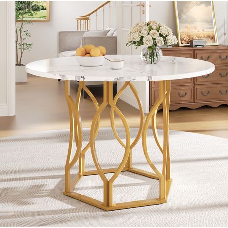 Mesa de comedor redonda 100/100/76 cm blanca y dorada, tablero de MDF efecto mármol con patas metálicas (1/5)