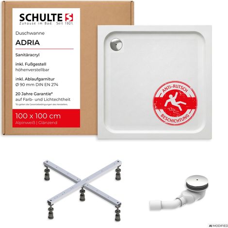 Schulte Duschwanne Adria mit Anti-Rutsch-Beschichtung 100x100 - Komplett Set mit Fußgestell und Ablauf, Sanitäracryl (1/5)