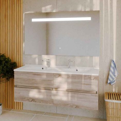 Cuisibane – Meuble double vasque 140 cm suspendu – 4 tiroirs avec sortie totale – Plan vasque en résine – Miroir LED ELEGANCE 80 cm - ht80-