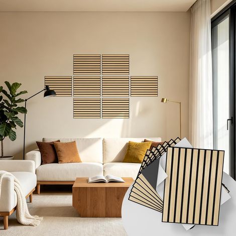 Panneaux Muraux à Lattes Bois Autocollants 30×40 cm – Panneaux Acoustiques Décoratifs en PVC Insonorisés pour Salon et Chambre, Mur d’Accent – Lot de 8 (1/5)