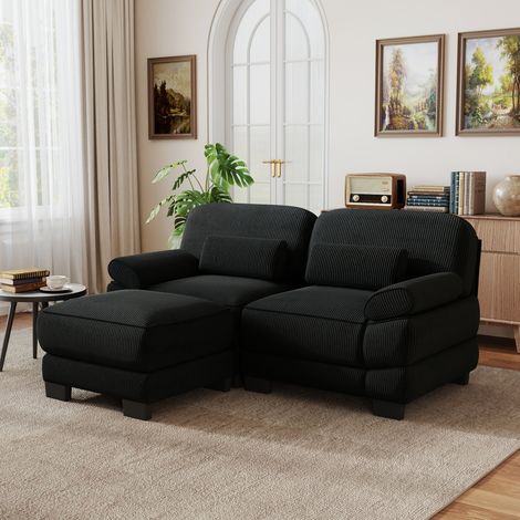 Modulares 2-Sitzer-L-Sofa mit Hocker, schwarzer Cord, 194 x 161 x 94 cm REDOM (1/5)