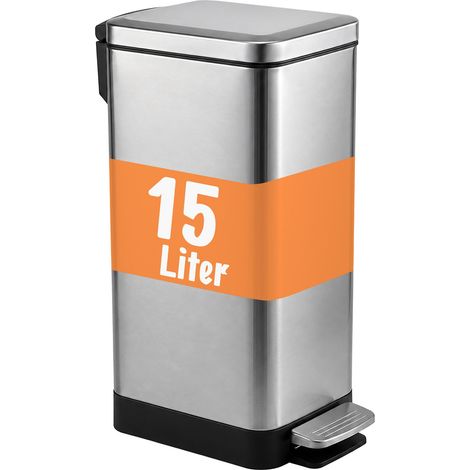 Relaxdays Mülleimer, 15 l, Küche, Bad, entnehmbarer Inneneimer, Fußpedal, Softclose, Edelstahl, Tretmülleimer, silber