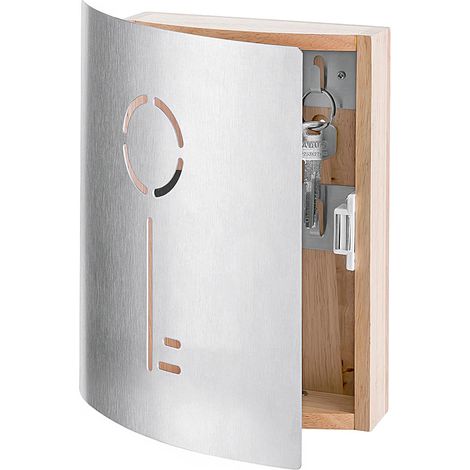 Armoire à clés en bois d'hévéa et acier inoxydable – 9 crochets – Dimensions intérieures 14 x 22 cm – Pour couloir et garage – Zeller