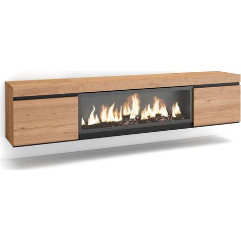 Mueble TV Iznate-01 de 208x45x35 cm con chimenea eléctrica XXL, suspendido, color roble (1/4)