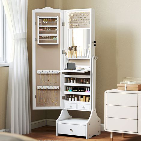 Miroir de Bijoux avec Lumières LED Armoire à Bijoux avec Miroir Entier à Angle Réglable Tiroirs Table Intérieure Pliable Blanche