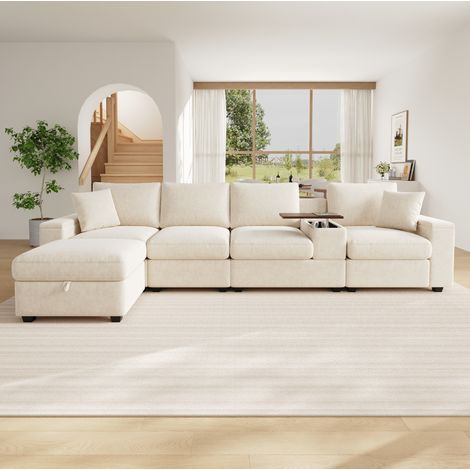 Sofá modular esquinero beige de chenilla con pouf, USB Type-C y arcón (1/5)