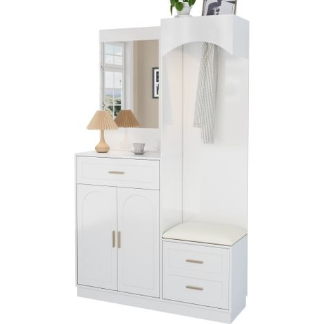 Ensemble d'entrée : Penderie et meuble à chaussures intégrés — Mobilier d'entrée composé d'une unité de rangement multifonction avec miroir intégré