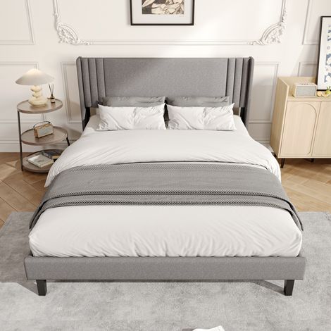 Lit adulte 140x200 cm, lit 140x200 avec sommier, Tête de lit capitonné en lin gris, Convient aux adultes et aux adolescents, Capacité 360 kg, sans matelas (1/5)