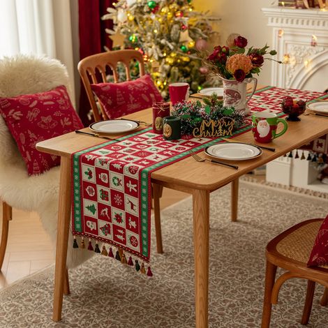 Camino de mesa navideño, mantel de algodón con borlas, ideal para el invierno (35 x 180 cm) (1/5)