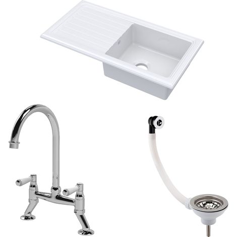 Fireclay Kitchen Bundle - 1 Bowl Sink & Drainer w/ Bridge Lever Mixer Tap, Basket Strainer Waste 1010mm - Chrome (1/5)