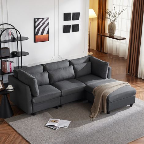 Canapé d'angle 4 places, canapé convertible avec repose-pieds, coussins et des oreillers, tissu lin, canapé 4 places en L, canapé modulable, gris (1/5)