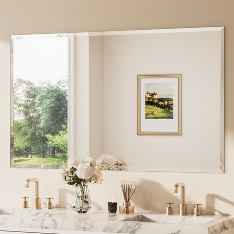 Keonjinn Badspiegel Facettenschliff, 152x90cm Bad Spiegel mit Gehärtetes Glas und Splitterschutzfolie,Rahmenloser Badezimmerspiegel, Rechteckiger Wandspiegel Vertikal Horizontal Möglich, für Garderobe