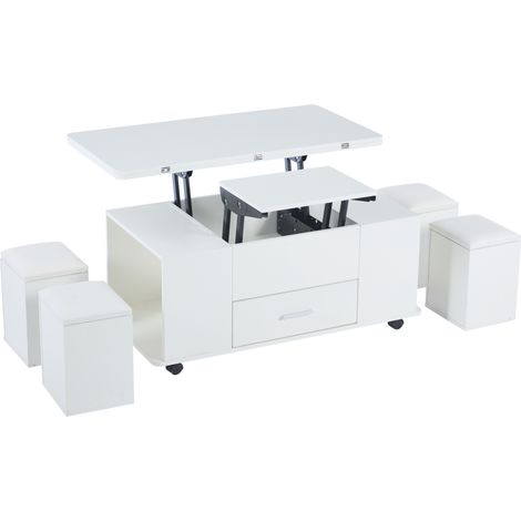Tavolino da salotto elevabile ed estensibile bianco con 4 sgabelli e cassetto (1/5)