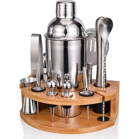 Cocktail-Shaker-Set mit Ständer, 12-teiliges Cocktail-Set aus Edelstahl mit 750-ml-Cocktail-Shaker, Stößel und Messbecher, Cocktail-Set für die Hausbar und Partys (Silber)