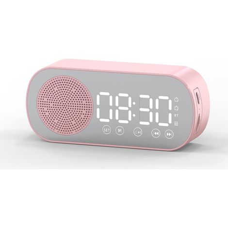 Altoparlante wireless, radio musicale, sveglia digitale ricaricabile, subwoofer, slot per scheda TF, ideale per arredare camera da letto, studio e ufficio (rosa). (1/4)
