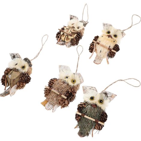 Ornement Hibou Suspendu 5 Pièces en Paille et Bois, Décoratif (1/5)