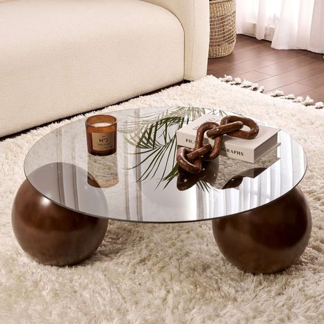 Table basse 85x85x30 cm en verre fumé gris et décor noyer - ZAO (1/5)