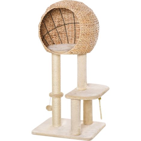 Arbre à chat de 100 cm avec grotte, balle de jeu, poteaux en sisal, plateforme, arbre à chat multi-niveaux, arbre à grimper, pour chats de taille moyenne, beige