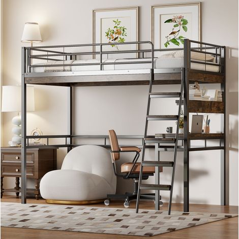 Hochbett modern aus Metall Schwarz 90x200 cm mit Schreibtisch, Regalen, Leiter und Sicherheitsgeländer (1/5)