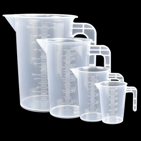 misurini in vetro trasparente con manici in plastica, misurini da cucina, misurini graduati per vernici con 1 imbuto per laboratori e ristoranti (50 ml, 100 ml, 250 ml, 500 ml) (1/5)