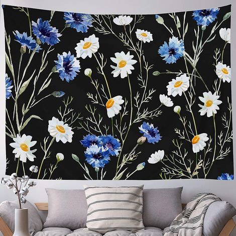 Schwarzer, psychedelischer Wandteppich mit floralen Mustern im Bohemian-Hippie-Stil, mit Gänseblümchen.