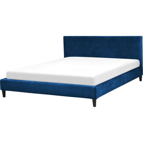 Cama tapizada en terciopelo azul oscuro 160 x 200 cm marco de listones cabecero estilo contemporáneo Fitou