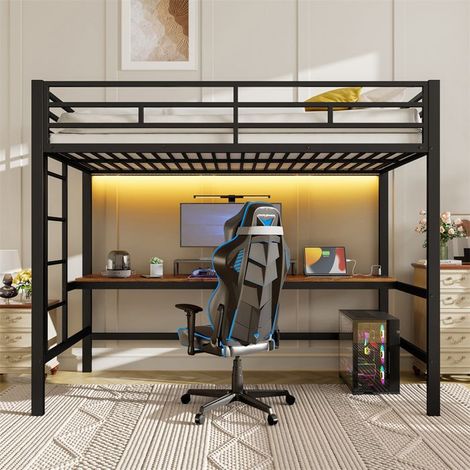 Lit mezzanine - 90 x 200 cm - Métal noir - LED intégrée - Bureau avec USB & prise (1/3)