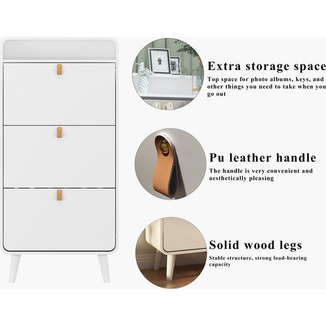 Meuble de rangement à chaussures à 3 tiroirs rabattables, autoportant, organiseur de chaussures basculant pour entrée, armoire à chaussures fine avec compartiment supérieur, blanc (1/5)