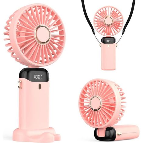 Portable 4200mAh USB Fan with LED Display 3 in 1 Handheld/Neck/Table Foldable and 90° Tiltable Ideal for Summer Office Bedroom Travel Gift for Adults Kids (Pink) (1/5)