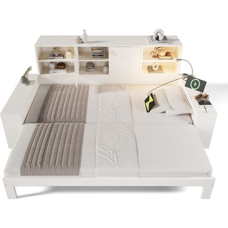 Lit coffre 90x200 cm blanc – lit de jour avec lit gigogne, lit en bois avec doubles portes et ports USB/USB-C – lit double peu encombrant et lit junior (sans matelas) (1/5)
