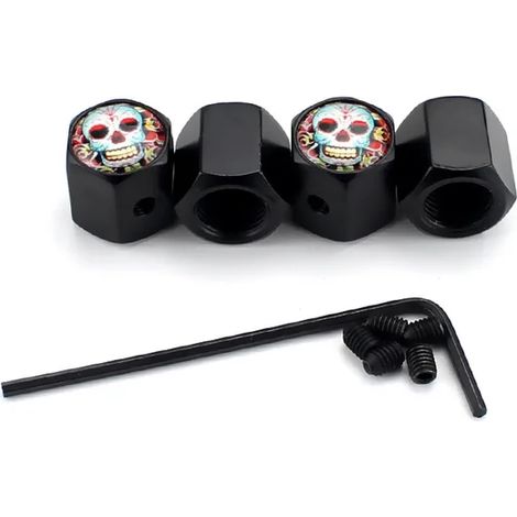 (Noir) Lot de 4 bouchons de valve antivol pour pneus de voitures, camions et motos. Modèle tête de mort avec joint anti-poussière. (1/5)