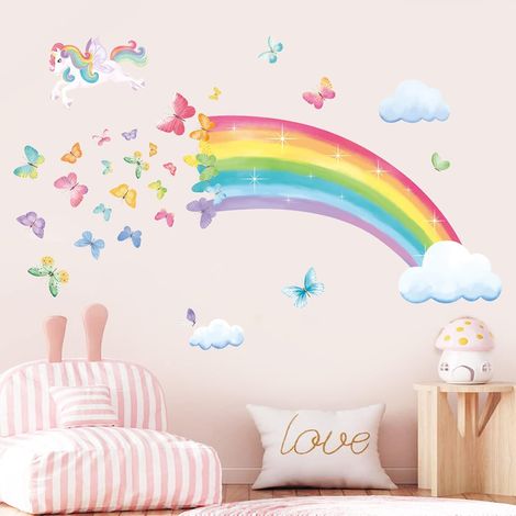 Stickers muraux arc-en-ciel : licorne, papillons, nuages, décoration pour chambre de bébé, chambre de fille ou salon (1/5)