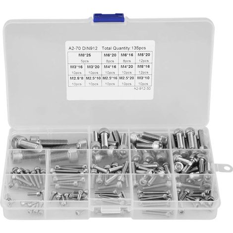 Lot 135 vis à tête six pans creux inox 304 – M2,5–M8 – Kit professionnel pour ouvriers & plombiers