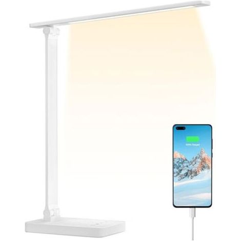 Lampe de bureau LED 10 W avec port USB dédié, intensité variable, 44 LED, 655 lm, base réglable (câble USB de 1,5 m inclus), commande tactile, antireflet, idéale pour la lecture, le travail[Classe éne (1/5)