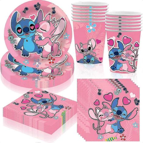 Fournitures de fête d'anniversaire Stitch rose : gobelets, assiettes et serviettes roses pour enfants - SNNGV (1/5)