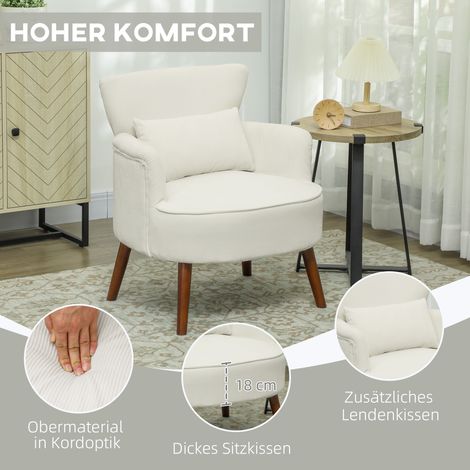 Fauteuil moderne, chaise d'accent rembourrée avec coussin lombaire, pieds en bois d'hévéa, blanc crème (1/4)
