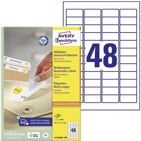 Avery-Zweckform L4736REV-100 Etichetta universale 45.7 x 21.2 mm Carta Bianco 4800 pz. Staccabile Stampante a getto d'i (1/5)