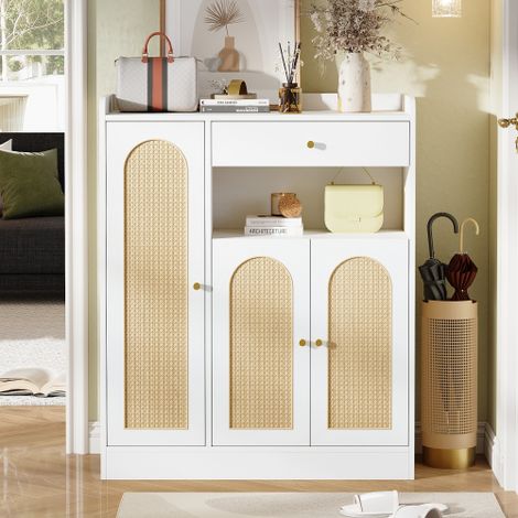 Mobile scarpiera/contenitore in rattan con vano contenitore, 1 cassetto, 3 ante con ripiani regolabili, per ingresso, sala da pranzo e corridoio, bianco + legno, dimensioni: 90 x 35 x 110 cm (1/5)
