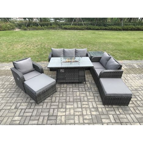Fimous Polyrattan Gartenmöbel Set Garten Sofa im Freien Gasfeuerstelle Esstisch und Sofa Sessel set mit Beistelltischen 2 hohen Hockern (1/5)