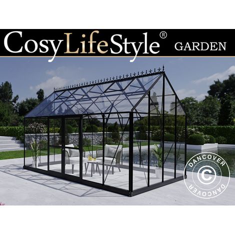 Orangery, greenhouse glass 13.3 m², 4.45x2.99x2.95 m w/Base and cresting, Black - Dancover (1/2)