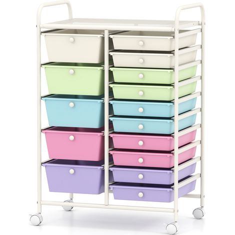 Chariot de rangement roulant multicolore à 15 tiroirs en métal et plastique avec 4 roues dont 2 freins, pour bureau et atelier (1/5)