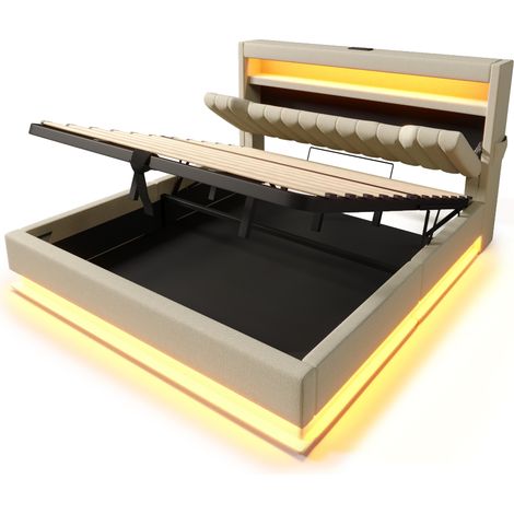 Cama con canapé 140x200 cm beige con LED, USB-C y colchón (1/5)