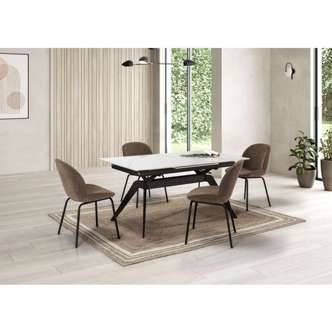 Mesa comedor rectangular extensible MANU tapa cerámico blanco patas metal negro, 76cm(alto) 160/220cm(ancho) 90cm(largo) (1/2)