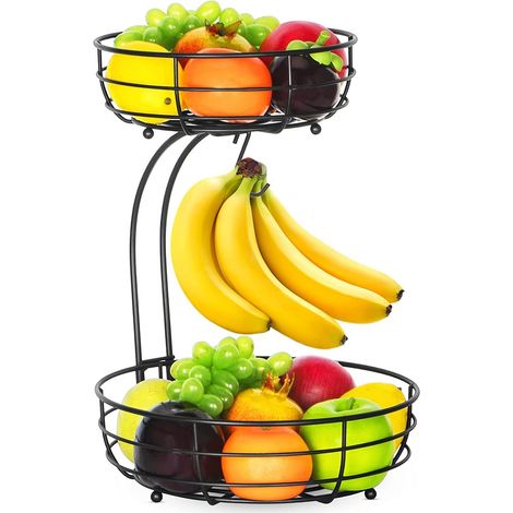 Corbeille Fruits 2 Étages Métal Noir avec Support Banane Cuisine Moderne Décorative Légumes (1/5)