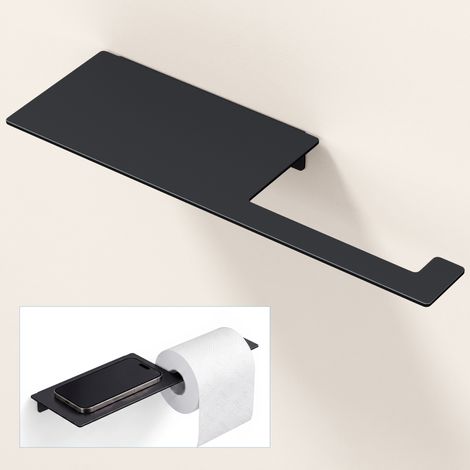 doporro Toilettenpapierhalter Kleben mit Ablage, Klopapierhalter ohne Bohren & mit Bohren, Klorollenhalter für Badezimmer, Elegante und Langlebige, Matt Schwarz Lino-01 (1/5)