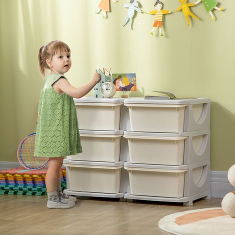 Commode à 6 tiroirs pour enfants de 3 à 6 ans, bords arrondis. En polypropylène blanc crème. 75 x 37 x 56,5 cm.