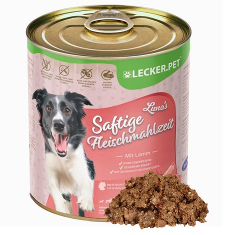 6 x 800 g de nourriture humide pour chiens Lecker.Pet® Luna's Saftige Fleischmahlzeit mit Lamm (repas de viande juteuse avec agneau) (1/5)