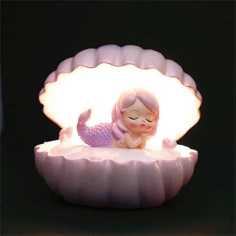 Lampe de chevet décorative sirène dans un coquillage, rose, pour chambre d'enfant ou salon. (1/5)