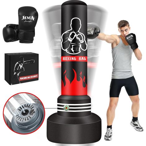 Sac de Frappe Adulte 180cm- Sac de Boxe Lourd autoportant avec Gants de Boxe et Pompe, Sacs de Kickboxing avec Support pour l'entraînement MMA Muay Thai Fitness Débutants (1/5)